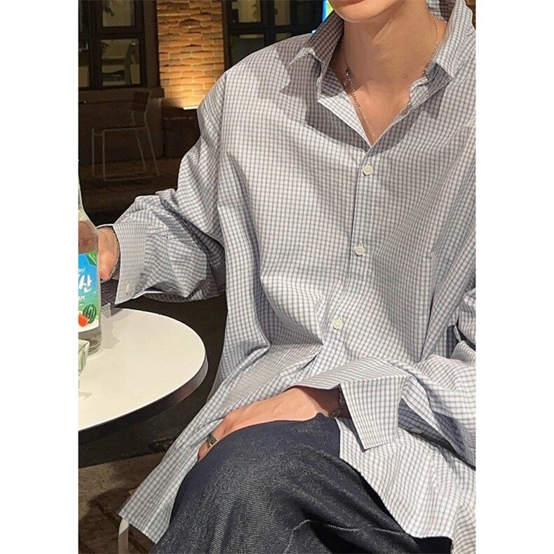 少年感复古小格子长袖衬衫男宽松老钱轻薄透气打底上衣C28,男装T恤,星座1116A（原606A-3）