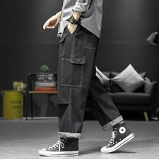 2021春秋季新日系沙发大码男多口工装袋大裤脚阔腿牛仔裤N8026-P50，男装牛仔裤，电商A001
