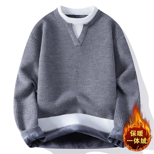 复古拼接假两件毛衣男加绒加厚保暖宽松针织衫ZB6012JR-特价P60图片
