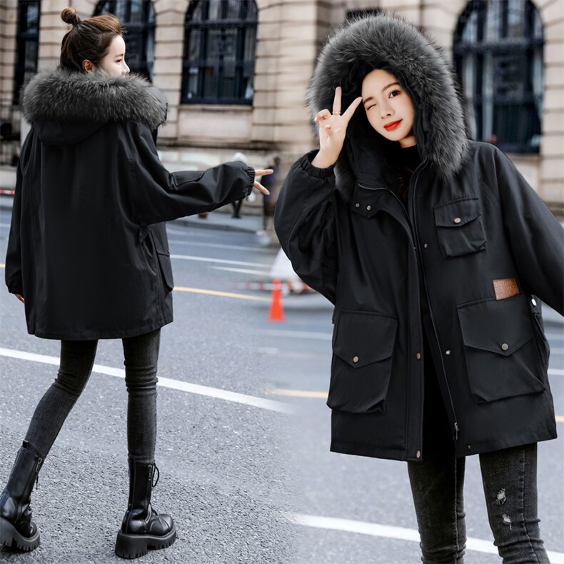棉衣/棉服2021新款冬仿羊羔毛中长款工装带帽派克服女外套,女装派克服,瑶迪依秀