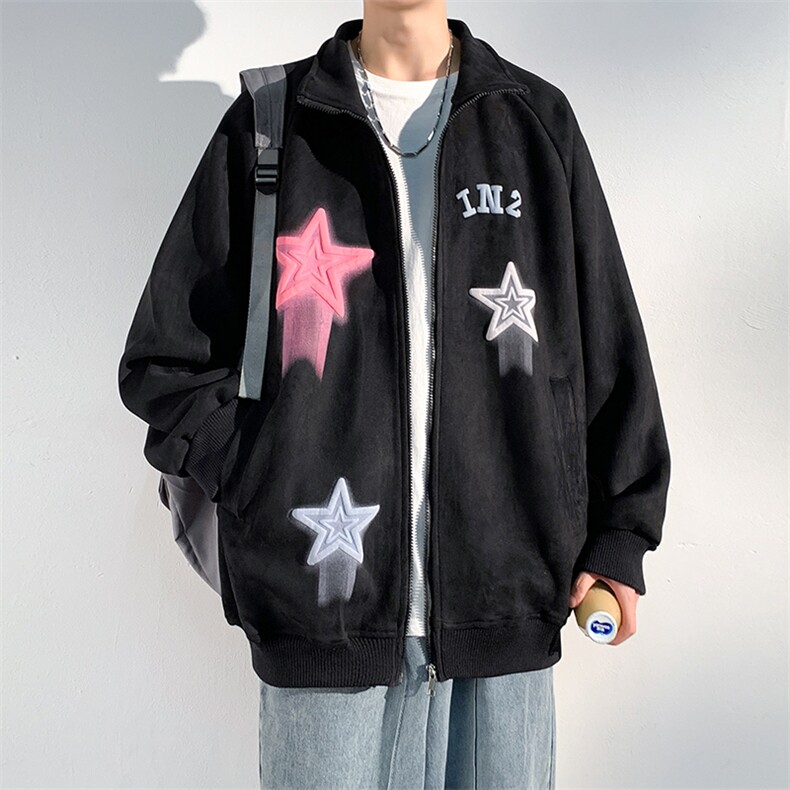 J6618 P68 光影墙 抖音高品质彩色星星印花麂皮绒翻领夹克外套图片