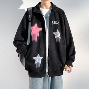 J6618 P68 光影墙 抖音高品质彩色星星印花麂皮绒翻领夹克外套图片