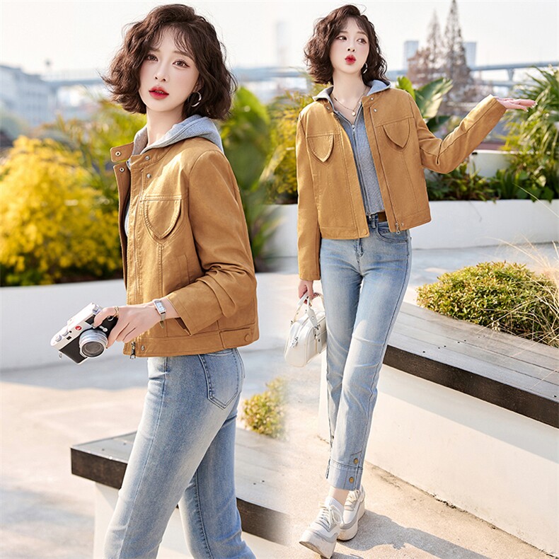 韩城.简约机车服立领亮色pu皮衣短外套皮夹克2025春季潮女拉链款s,女装皮衣,魅丽静蓝