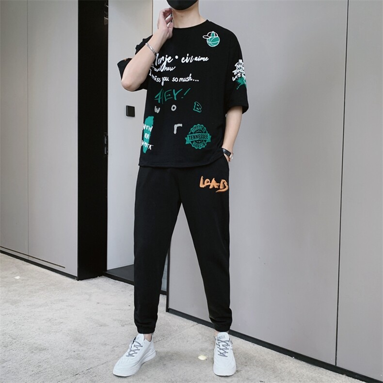 2023夏季潮流时尚T恤男装青少年宽松休闲ins圆领套装F309P68,男装休闲套装,电商A086