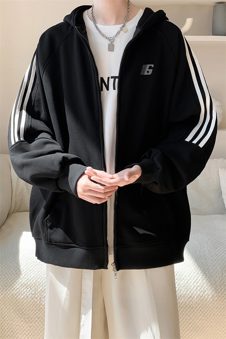 内景秋冬新款美式条纹连帽卫衣男宽松开衫外套WY00759/P55加绒P65,女装短外套,电商B316