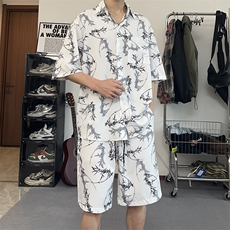 套装男女款夏季宽松泼墨短袖衬衫痞帅休闲短裤两件套TZ103-P43，男装衬衫，电商A178
