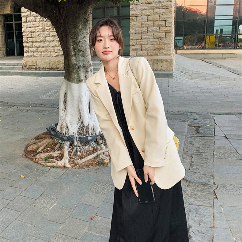 2024年春季新款韩版简约休闲宽松纯色西装外套套装黑色长款裙子女，女装西装，辉之琳