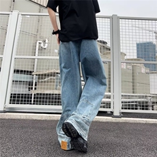 反穿主义设计感倒装牛仔裤男水洗浅色阔腿直筒裤子潮复古裤子，男装牛仔裤，星座1013