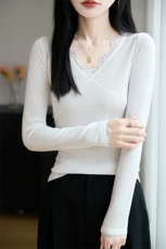 秋季新款纯色v领花边针织套头上衣时尚休闲，女装针织衫/毛衣，皓宇羊绒
