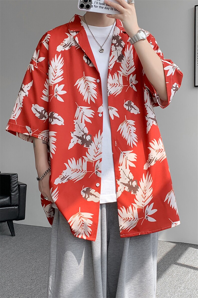 8XL-M冰丝凉感衬衣垂感透气复古花纹宽松男五分袖短袖衬衫CS526,男装T恤,电商D206-1