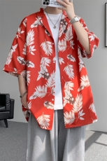 8XL-M冰丝凉感衬衣垂感透气复古花纹宽松男五分袖短袖衬衫CS526，男装T恤，电商D206-1