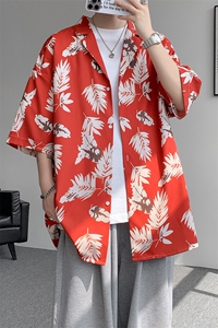 8XL-M 冰丝凉感衬衣垂感透气复古花纹宽松男五分袖短袖衬衫CS526图片