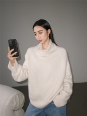 高级感气质灰色堆堆领毛衣女冬季复古高领套头宽松针织上衣，女装针织衫/毛衣，半城羊绒