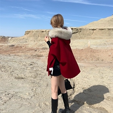 魔女斗篷！奢华狐狸毛领双面纯羊毛大衣女气质秋冬高端羊绒呢外套，女装双面呢大衣，蒙绒特