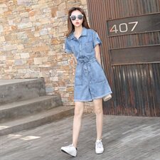 牛仔连体短裤连衣裤宽松阔腿裤收腰牛仔短裤8207601，女装牛仔裤，艾青服饰