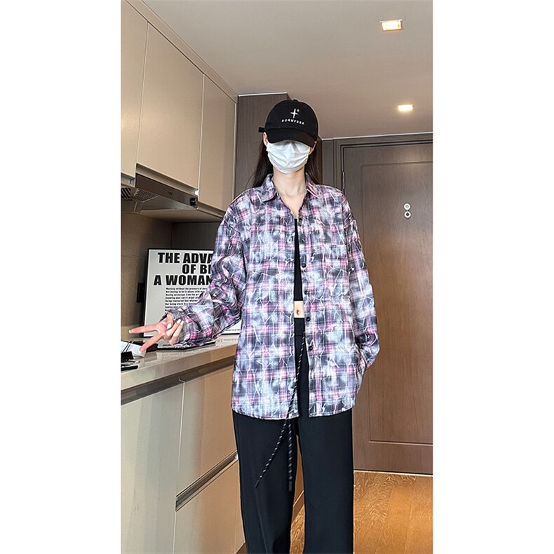 现货早秋高街做旧紫格子长袖衬衫女扎染衬衣外套男C18-P50-控78,男装衬衫,星座205-5