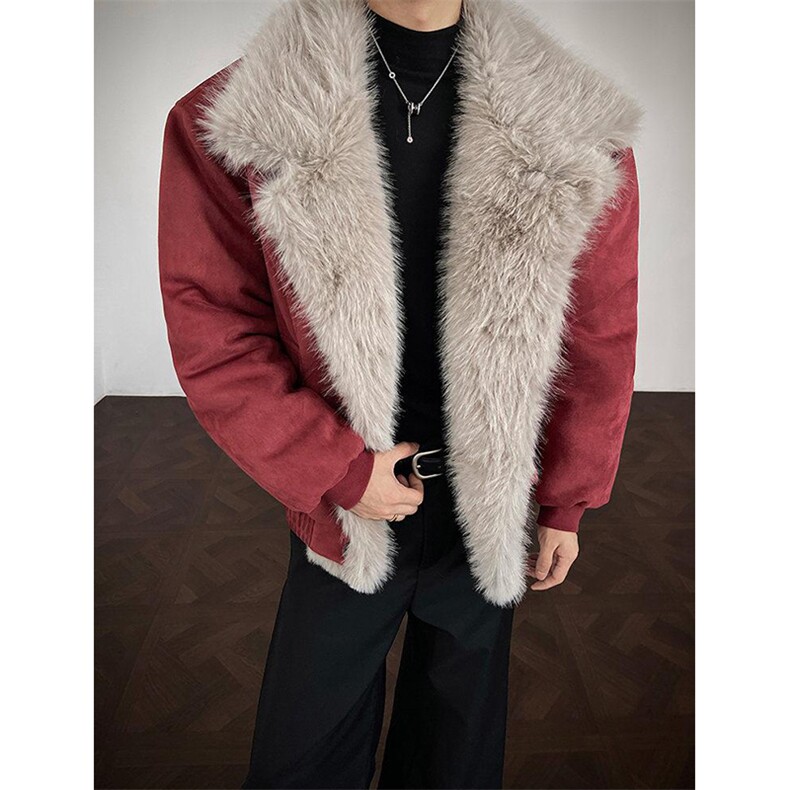 现货重磅硬挺boxy羽绒棉衣座山雕大毛毛领洗水麂皮棉服冬外套，男装棉衣，电商A486-1