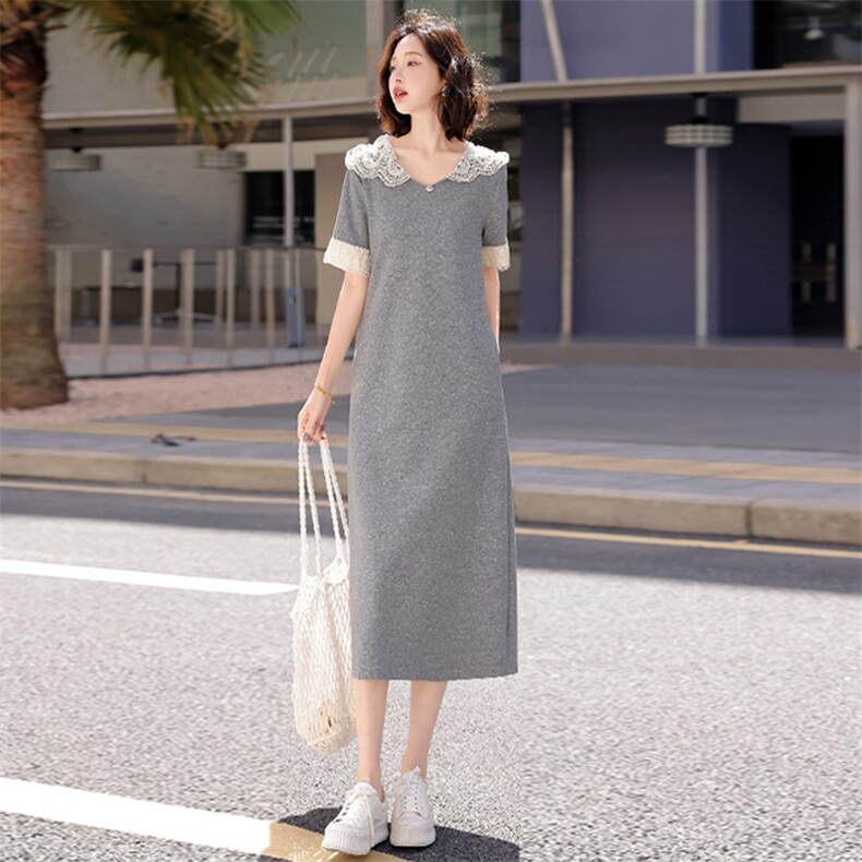 设计感时尚长款连衣裙女夏季新款显瘦纯色蕾丝拼接短袖连帽休闲裙,女装连衣裙,江南