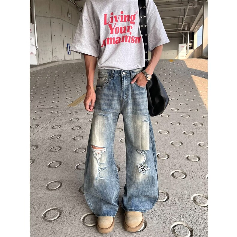 美式街头水洗做旧破洞牛仔裤男春秋直筒宽松欧美高街vibe风长裤子,男装牛仔裤,四季星座505