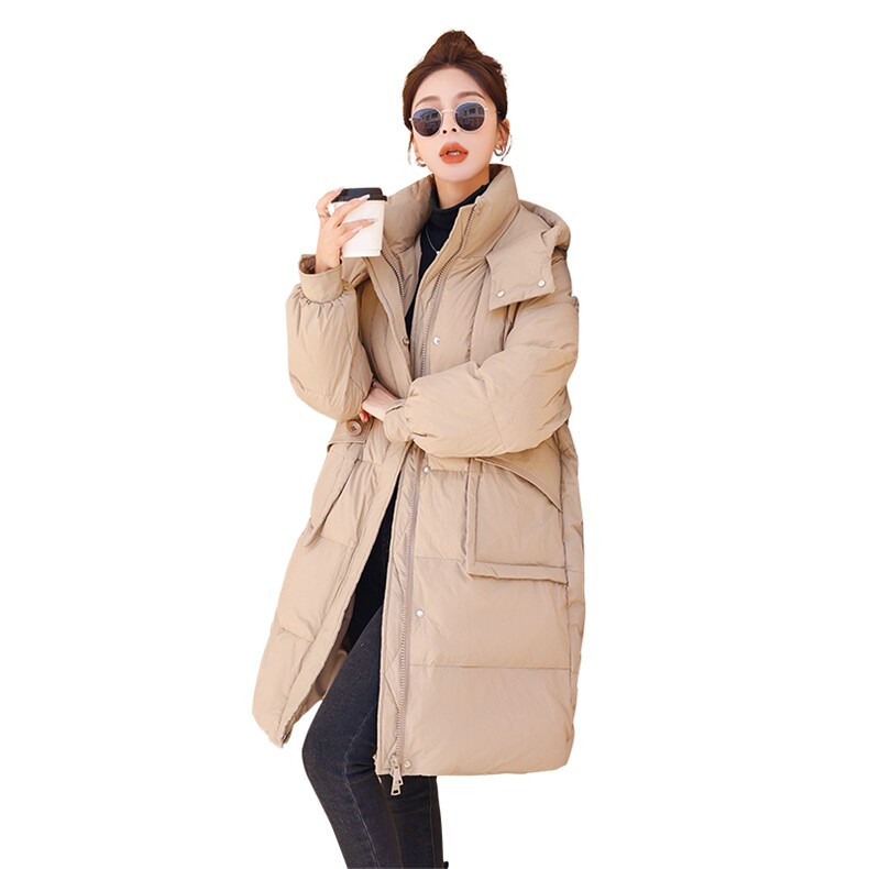 时尚女装长款女装连帽纯色中长款拉链装饰保暖羽绒外套,女装羽绒服,微微衣阁