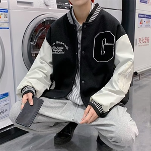 男秋季外套潮牌街头新款美式棒球服拼接男ins潮毛呢拼皮H03P63图片