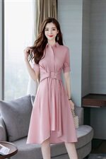 2024年夏季女装新款短袖POLO领中腰大摆型中长款纯色气质连衣裙，女装连衣裙，妙形
