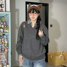 重磅北极绒假两件衬衫领毛衣美式高街复古休闲慵懒纯色翻领针织衫，男装针织衫/毛衣，电商A486-1