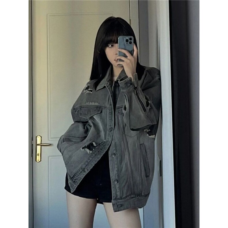 2025美式高街设计感水洗破洞牛仔外套女春季做旧工装潮牌vibe夹克,男装工装外套,星座506A