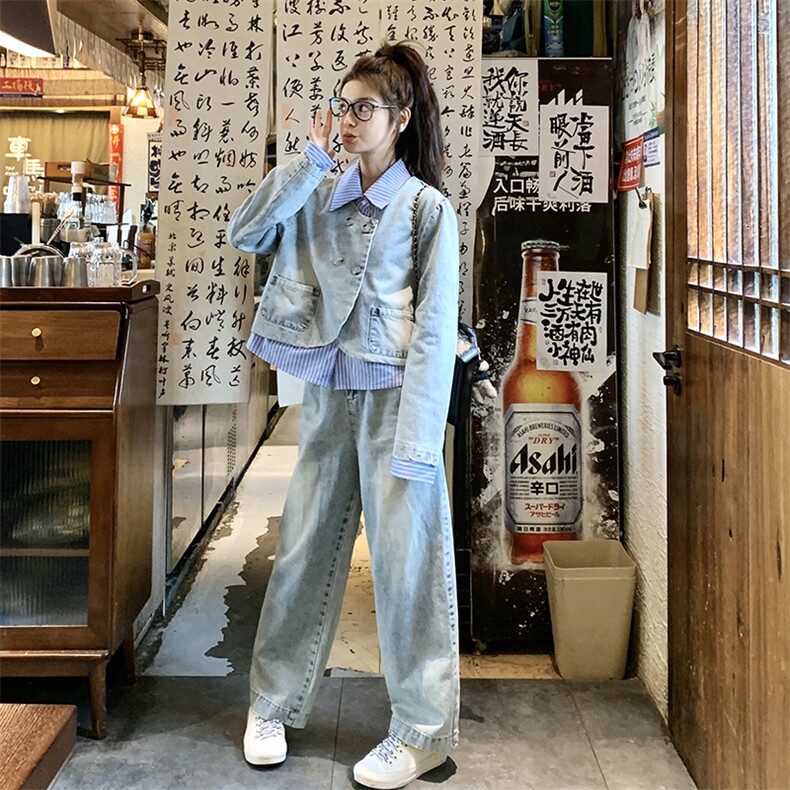 韩版时尚假两件牛仔上衣套装女2025春秋季新款显瘦阔腿长裤两件套,女装套装/套裙,2C239