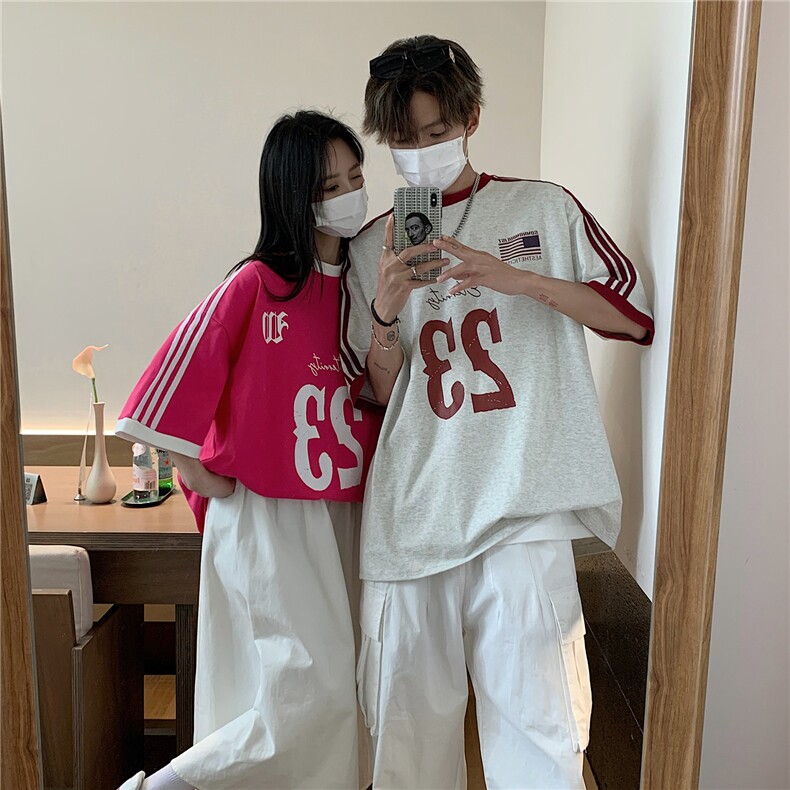 情侣短袖三条杠织带情侣短袖T恤男女宽松重磅体恤上衣G1081P35,男装T恤,电商A339