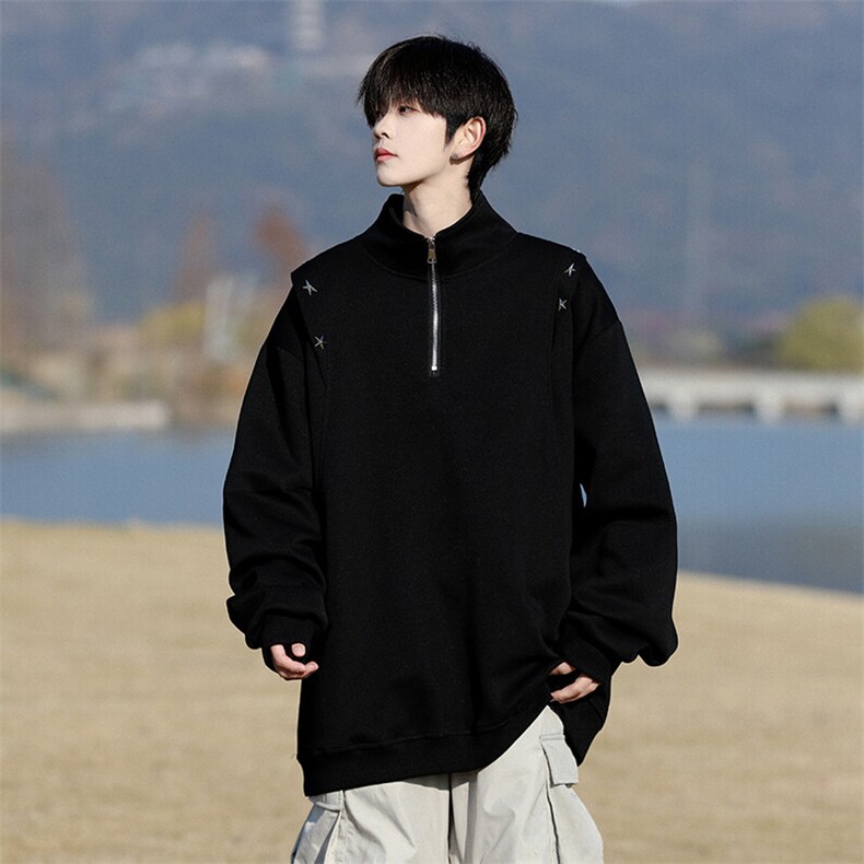 解构半拉链立领卫衣男秋冬季日系cityboy宽松潮流百搭套头上衣服,男装卫衣,电商B238