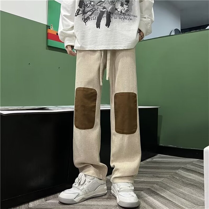 人字纹补丁休闲裤男女潮牌宽松直筒裤高街复古撞色情侣阔腿裤,男装休闲裤,星座601-2