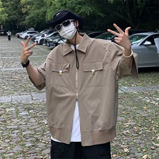卡其色cleanfit短袖男款衬衫高级感工装夹克双头拉链短款外套，男装衬衫，星座601-2