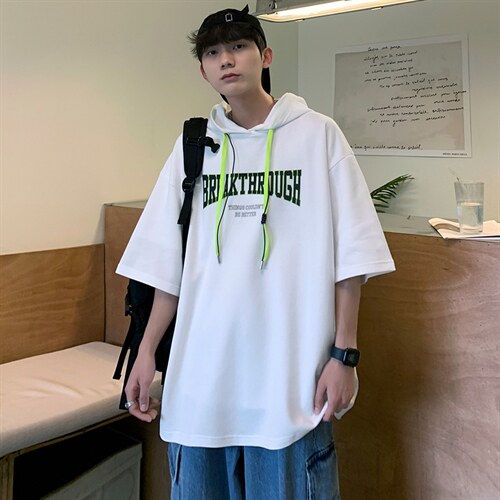 新款优品男士短袖连帽抽绳发泡印花T恤宽松上衣ZDL3207-P53图片
