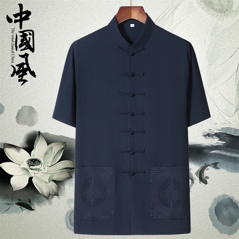 2024夏季复古唐装薄款风潮男冰丝短袖立领衬衫YD2362-P80,男装T恤,星座1105-3
