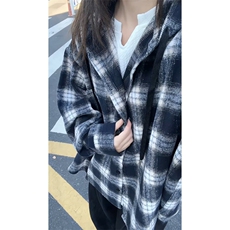 韩版设计感休闲连帽格子衬衫外套新款宽松中长款情侣衬衣CSXX28，男装衬衫，星座516A