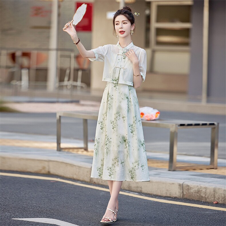 新中式印花吊带连衣裙女夏季新款优雅气质盘扣上衣,女装连衣裙,微微衣阁