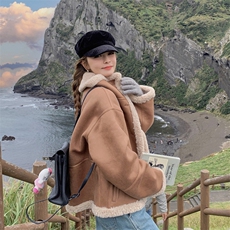 182-8527-P190K288--咖啡色双面穿羊羔毛机车服加绒加厚外套，女装羊羔毛/颗粒绒，帛香坊