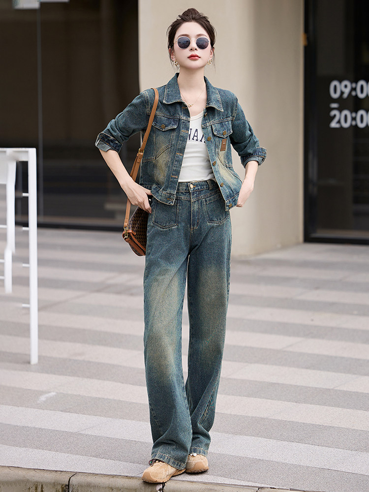 牛仔套装女春装2025新款超火开春穿搭小个子阔腿裤两件套洋气时尚,女装套装/套裙,琦鑫阁（原依鑫阁）