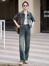 牛仔套装女春装2025新款超火开春穿搭小个子阔腿裤两件套洋气时尚，女装套装/套裙，琦鑫阁（原依鑫阁）
