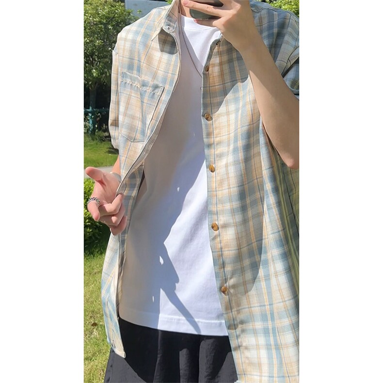 藏青格子短袖衬衫男款夏季薄款格纹撞色衬衣少年感穿搭五分袖外套,男装衬衫,电商A007