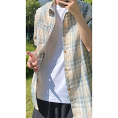 藏青格子短袖衬衫男款夏季薄款格纹撞色衬衣少年感穿搭五分袖外套，男装衬衫，电商A007