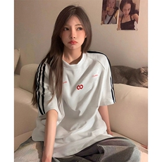抖音得物品质二开240克宽松纯棉美式潮牌印花三条杠中性风短袖T恤，男装T恤，电商A486