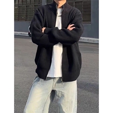 重磅秋冬北极绒双拉链毛衣开衫美式复古休闲慵懒风宽松针织衫外套，男装针织衫/毛衣，电商A486-1
