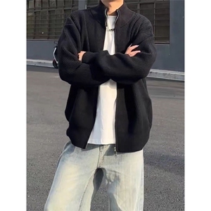 重磅秋冬北极绒双拉链毛衣开衫美式复古休闲慵懒风宽松针织衫外套图片