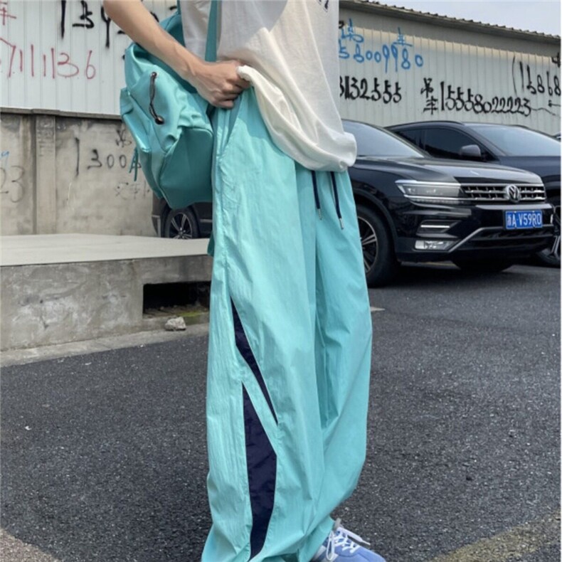 薄荷曼波风湖蓝色裤子夏季宽松阔腿hiphop街舞速干美式降落伞兵裤,男装休闲裤,星座506A