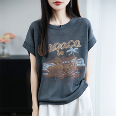 夏季新款简约竹节麻印染短袖女宽松百搭显瘦上衣时尚休闲T恤，女装T恤，贵皇网供仓