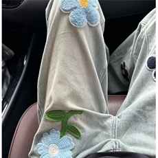 花朵牛仔裤男秋季小众微喇裤春秋美式高街直筒裤子N8866-P50，男装牛仔裤，星座208-5