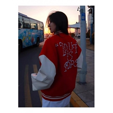 棒球服外套女春新款珍珠钉珠红色夹克宽松情侣潮牌上衣W6459-P70，男装夹克，星座412-1