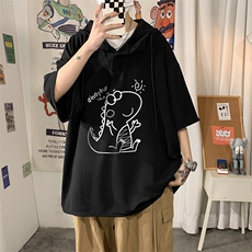 LD54172-P45连帽短袖t恤男大码胖子带帽五分袖中袖海报风，男装T恤，电商A040